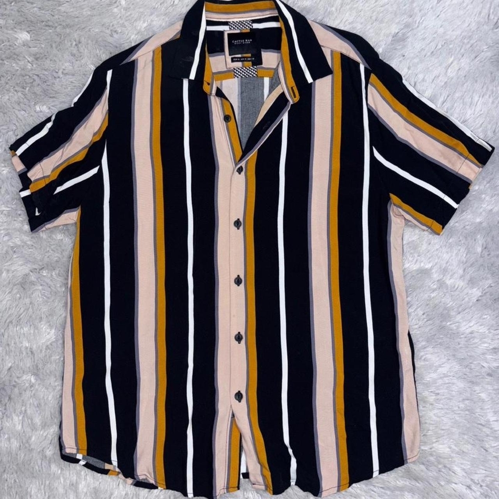 Short Sleeve Vertical Stripe Button-Down Shirt - Black, Mustard & Cream